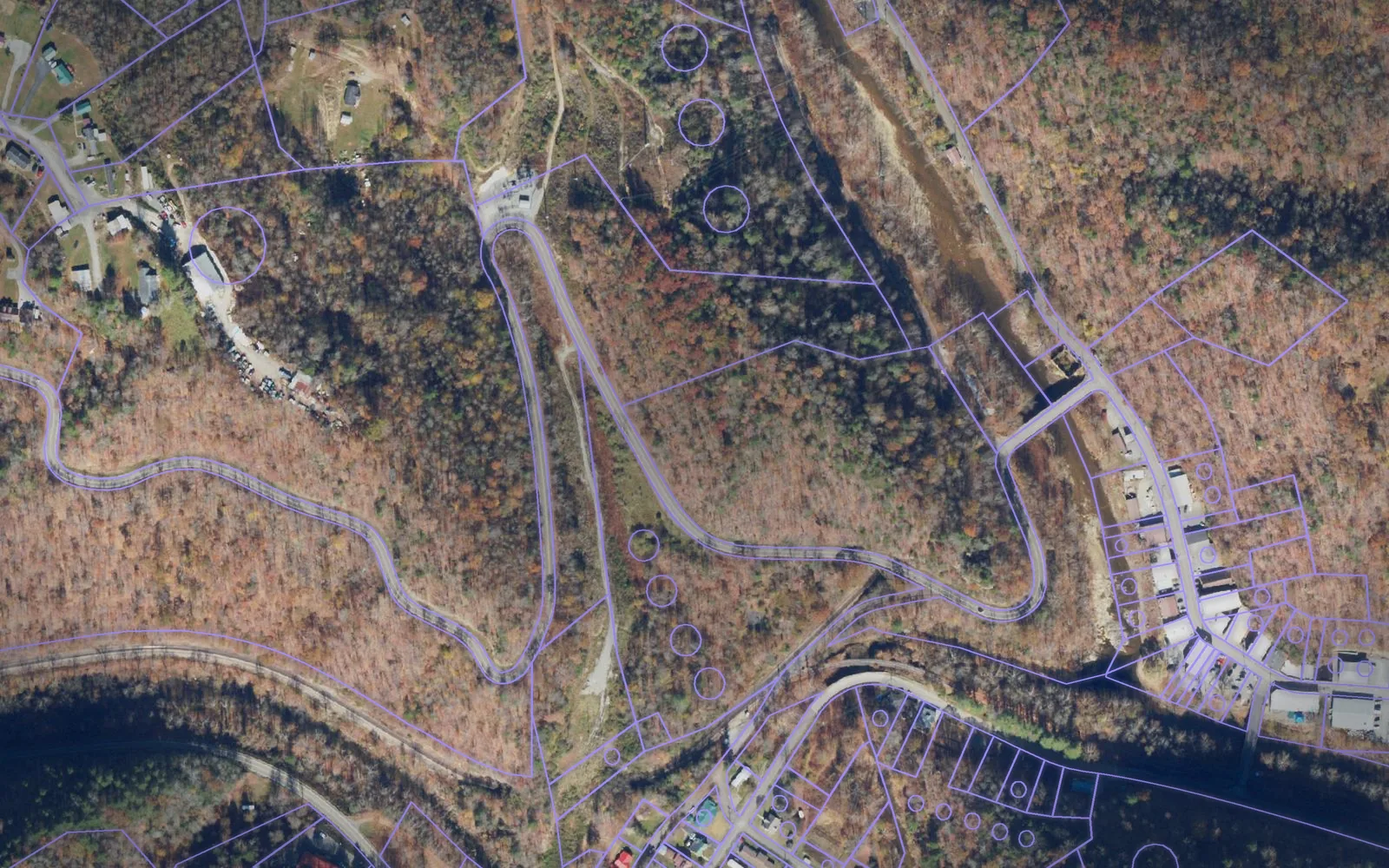 Parcel boundaries over aerial imagery of Dickenson County, Virginia