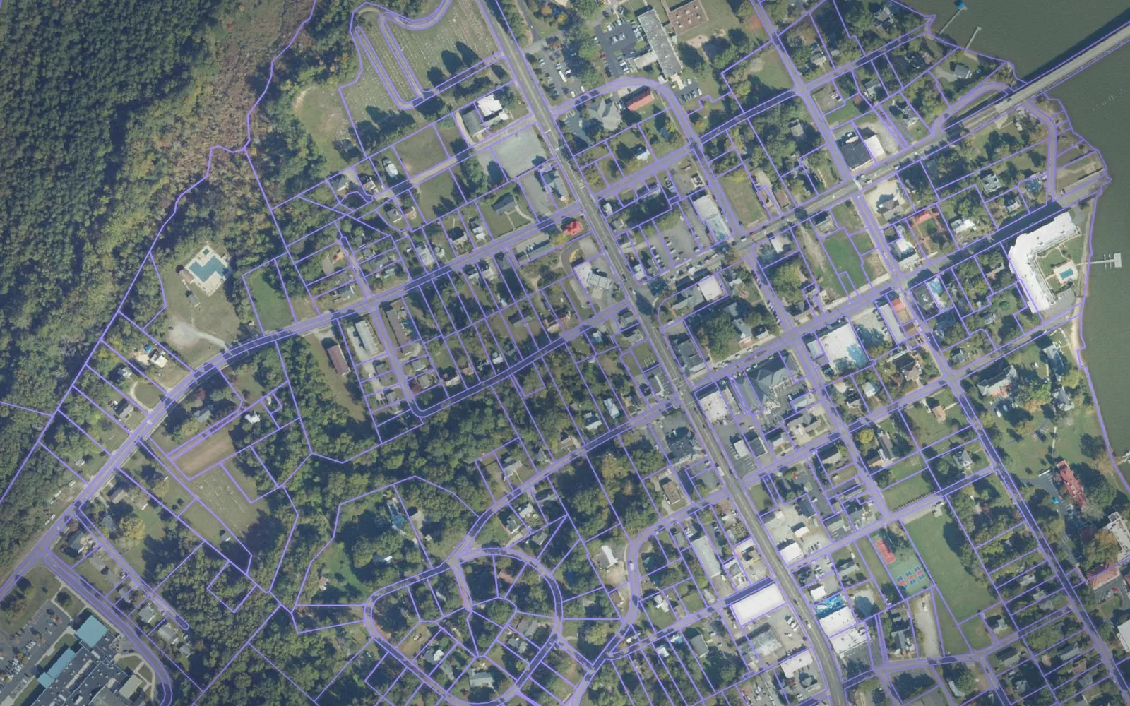 Parcel boundaries over aerial imagery of Essex County, Virginia