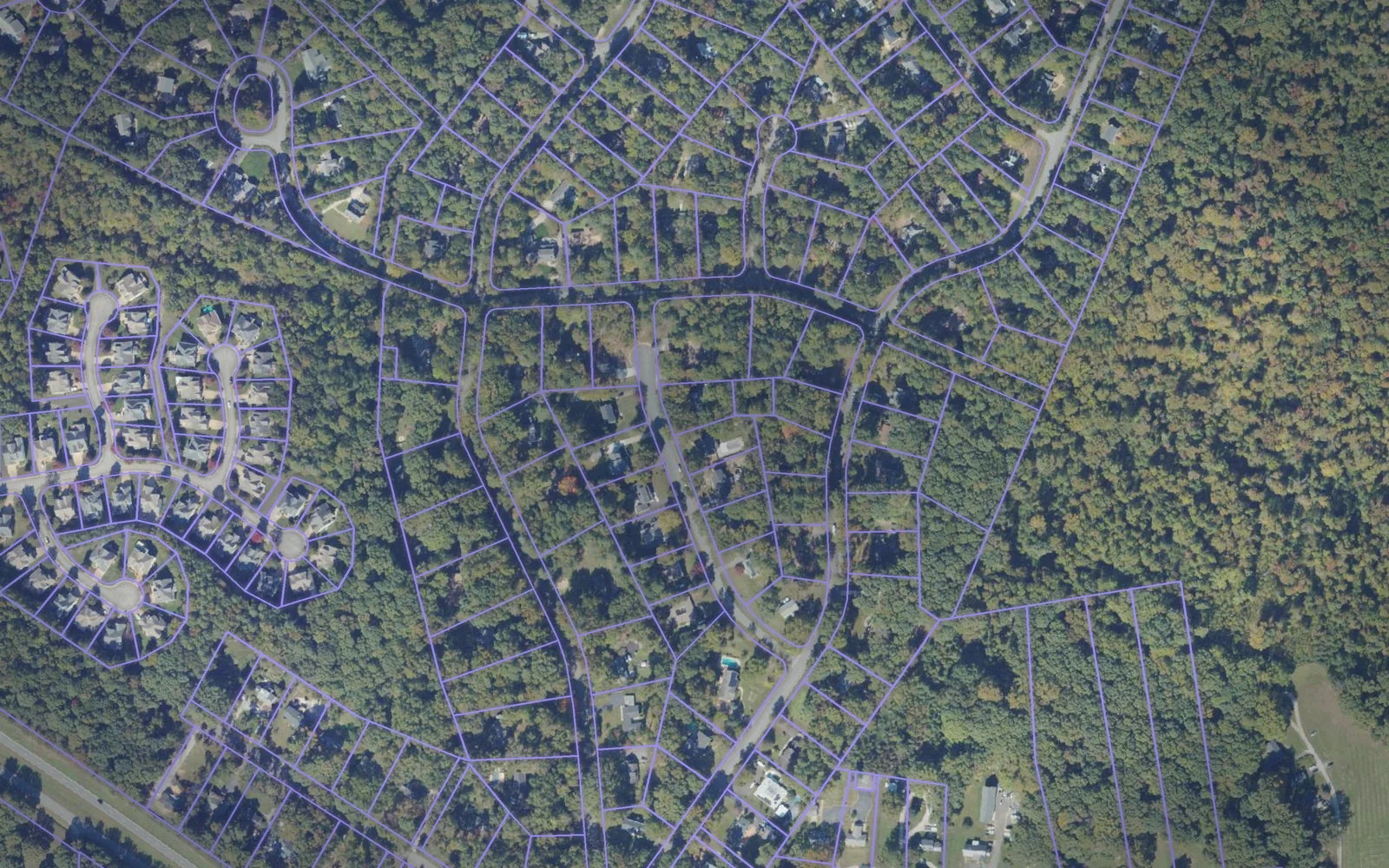 Parcel boundaries over aerial imagery of Goochland County, Virginia