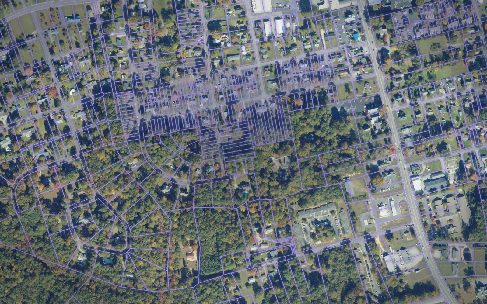 Parcel boundaries over aerial imagery of Lancaster County, Virginia