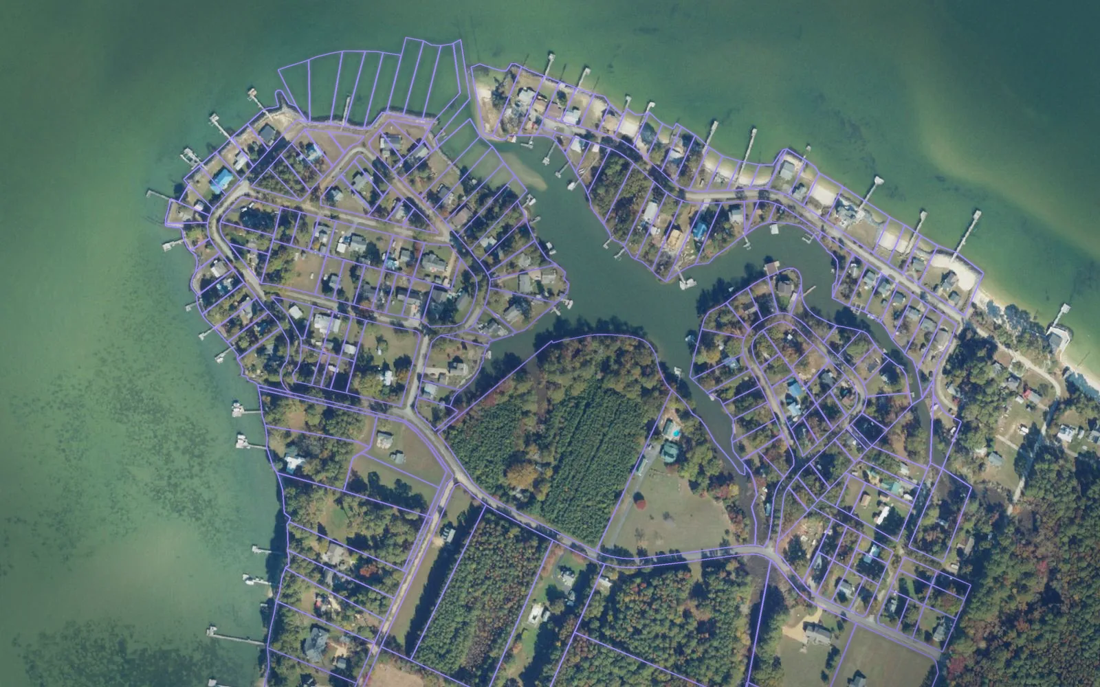 Parcel boundaries over aerial imagery of Mathews County, Virginia