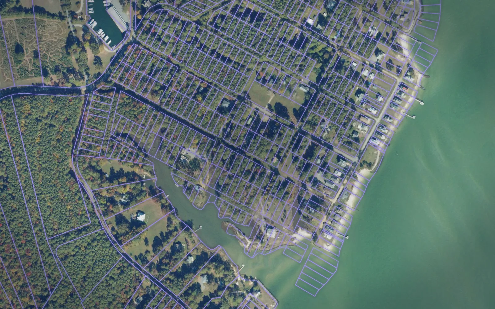 Parcel boundaries over aerial imagery of Middlesex County, Virginia