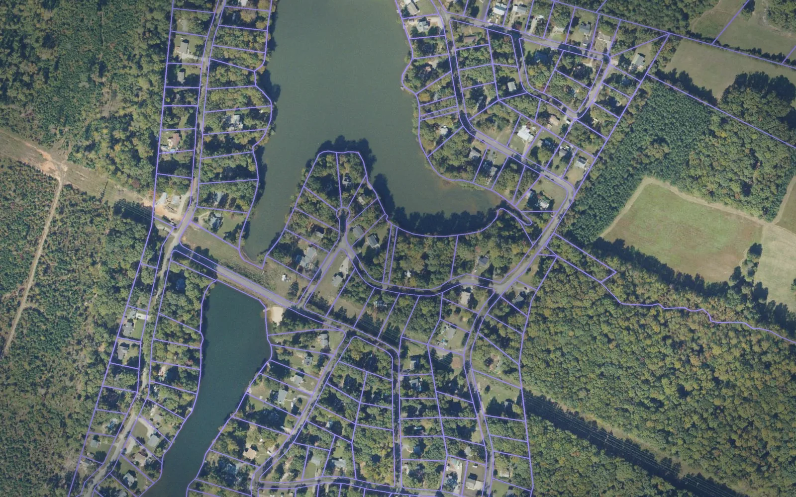 Parcel boundaries over aerial imagery of Powhatan County, Virginia