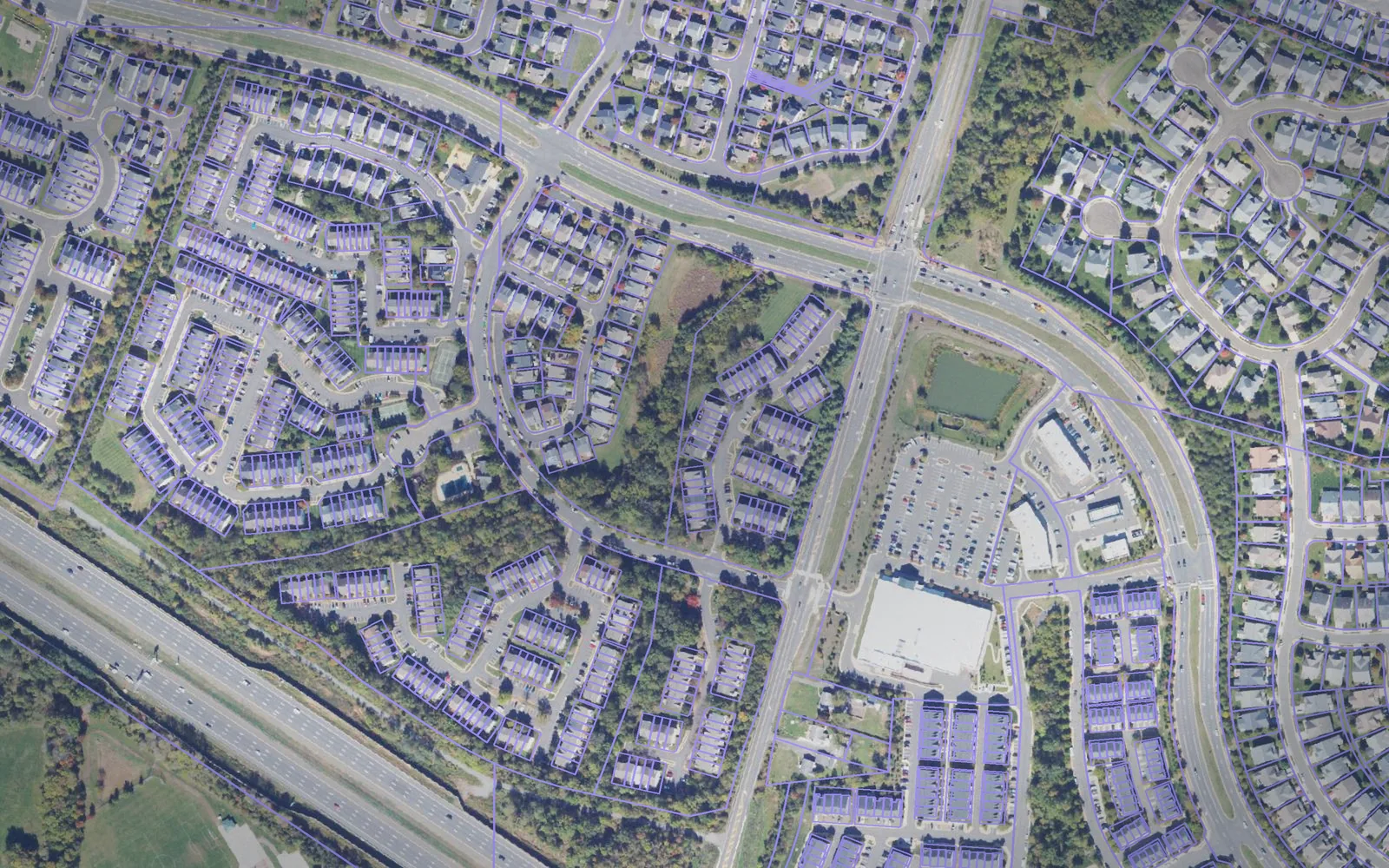 Parcel boundaries over aerial imagery of Prince William County, Virginia