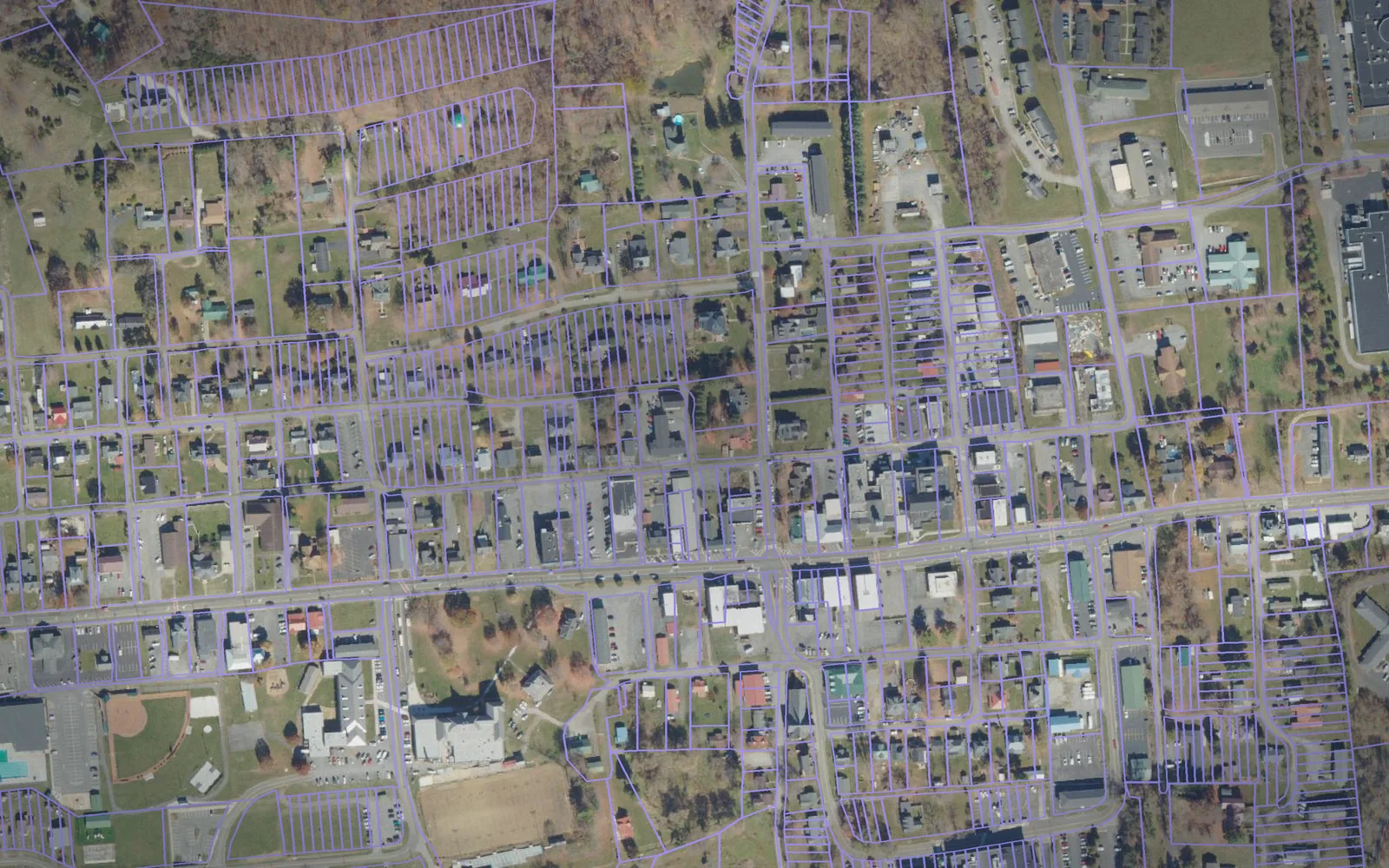 Parcel boundaries over aerial imagery of Russell County, Virginia