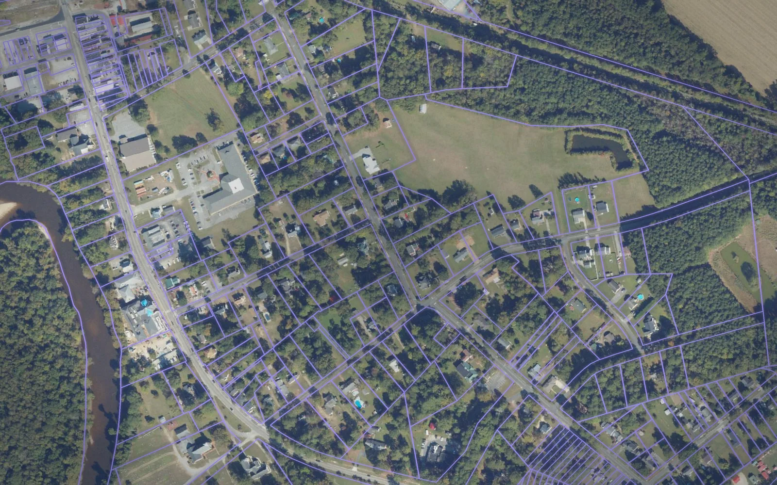 Parcel boundaries over aerial imagery of Southampton County, Virginia