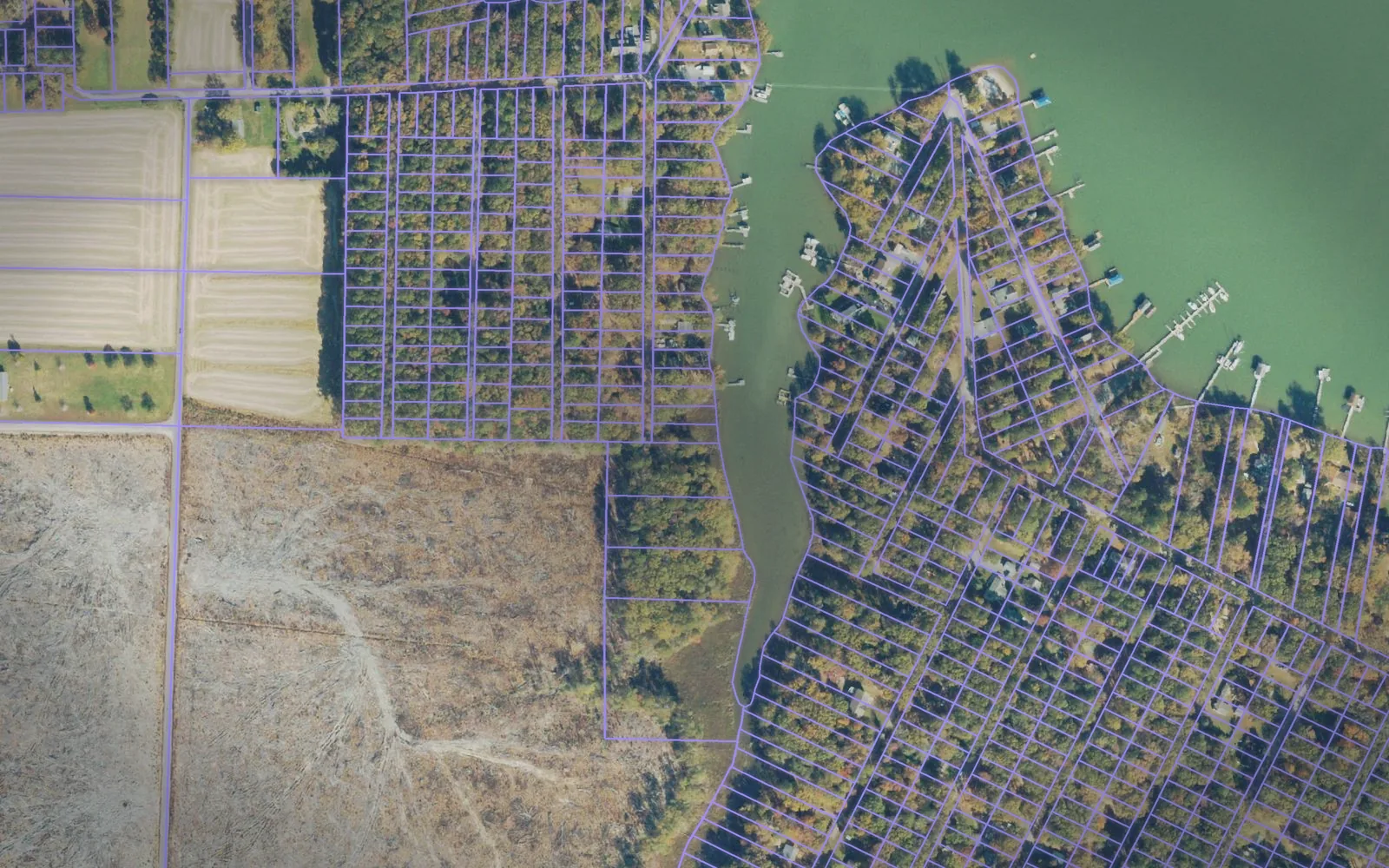 Parcel boundaries over aerial imagery of Westmoreland County, Virginia