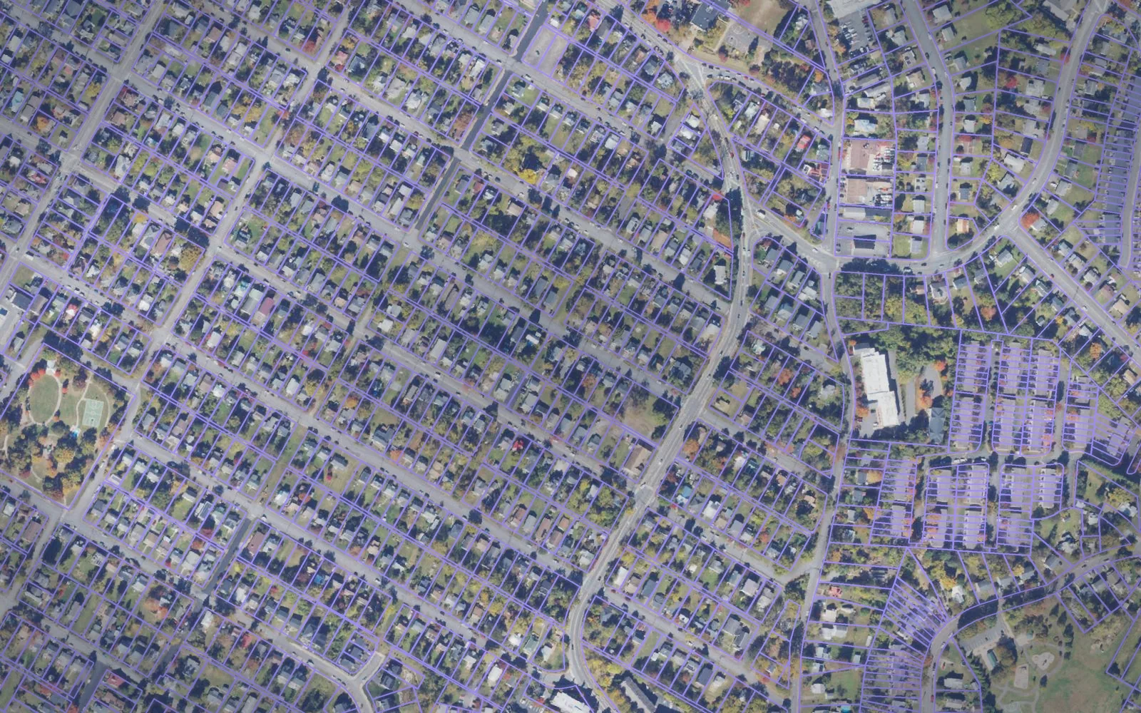 Parcel boundaries over aerial imagery of Charlottesville city, Virginia