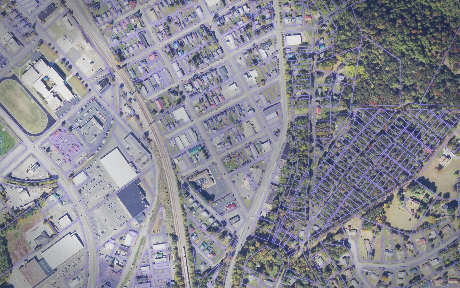 Parcel boundaries over aerial imagery of Covington city, Virginia