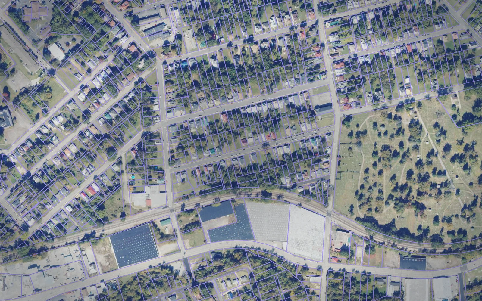 Parcel boundaries over aerial imagery of Danville city, Virginia
