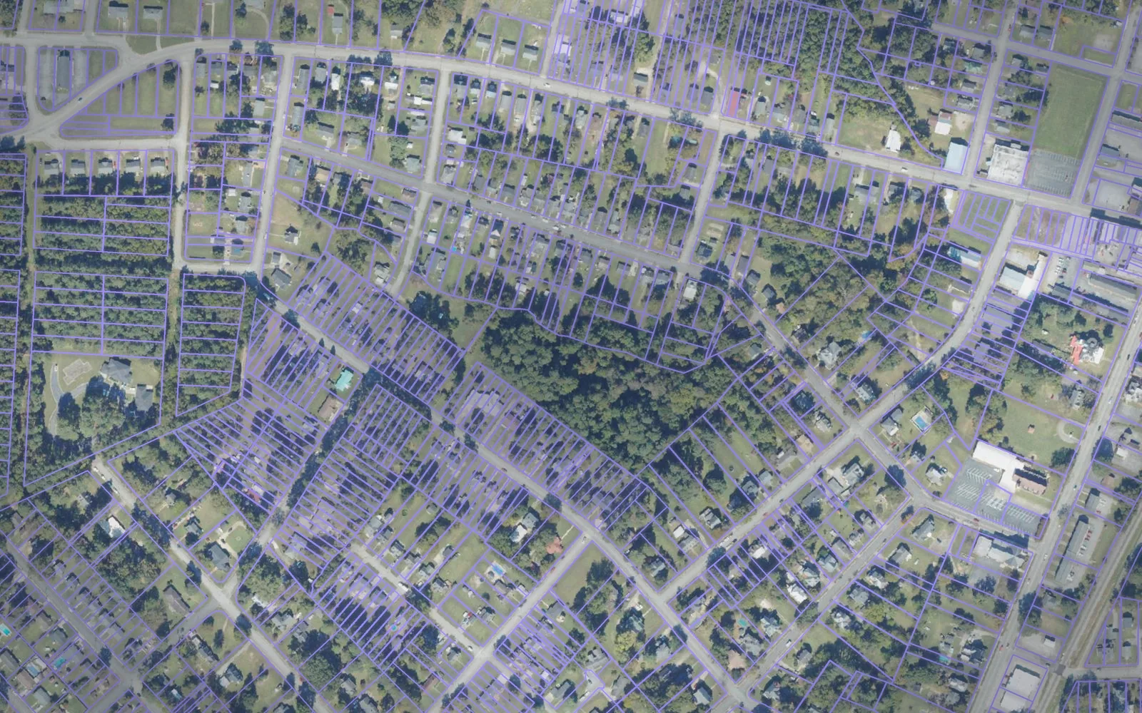 Parcel boundaries over aerial imagery of Emporia city, Virginia
