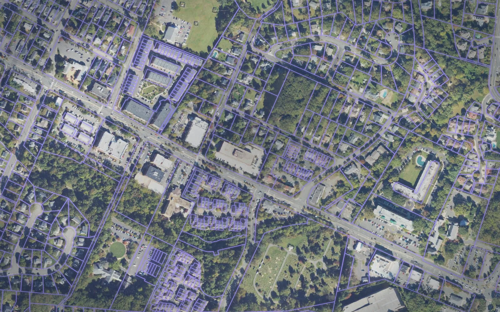 Parcel boundaries over aerial imagery of Fairfax city, Virginia