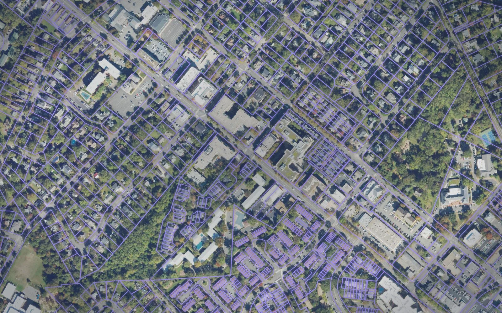 Parcel boundaries over aerial imagery of Falls Church city, Virginia