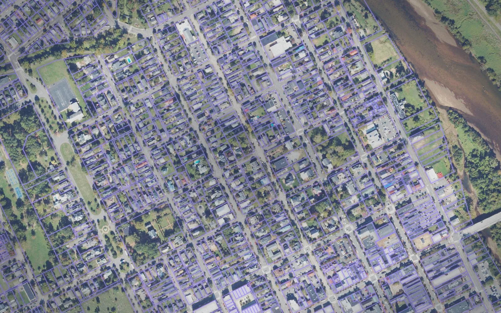 Parcel boundaries over aerial imagery of Fredericksburg city, Virginia