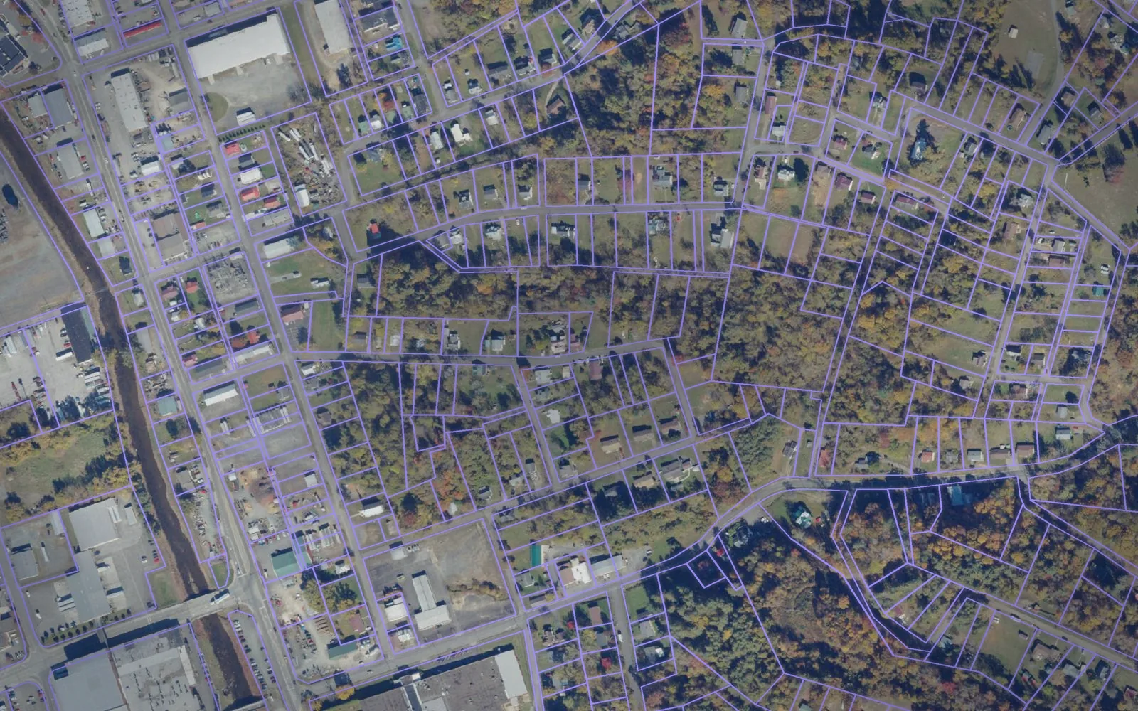 Parcel boundaries over aerial imagery of Galax city, Virginia