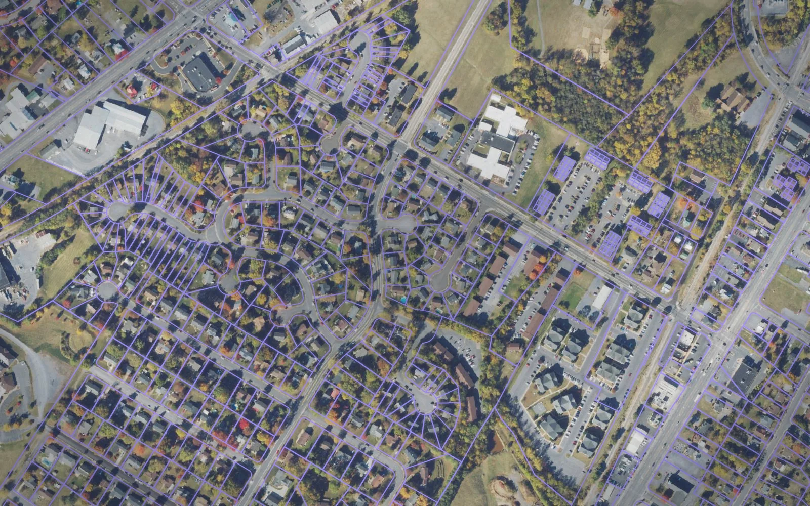 Parcel boundaries over aerial imagery of Harrisonburg city, Virginia