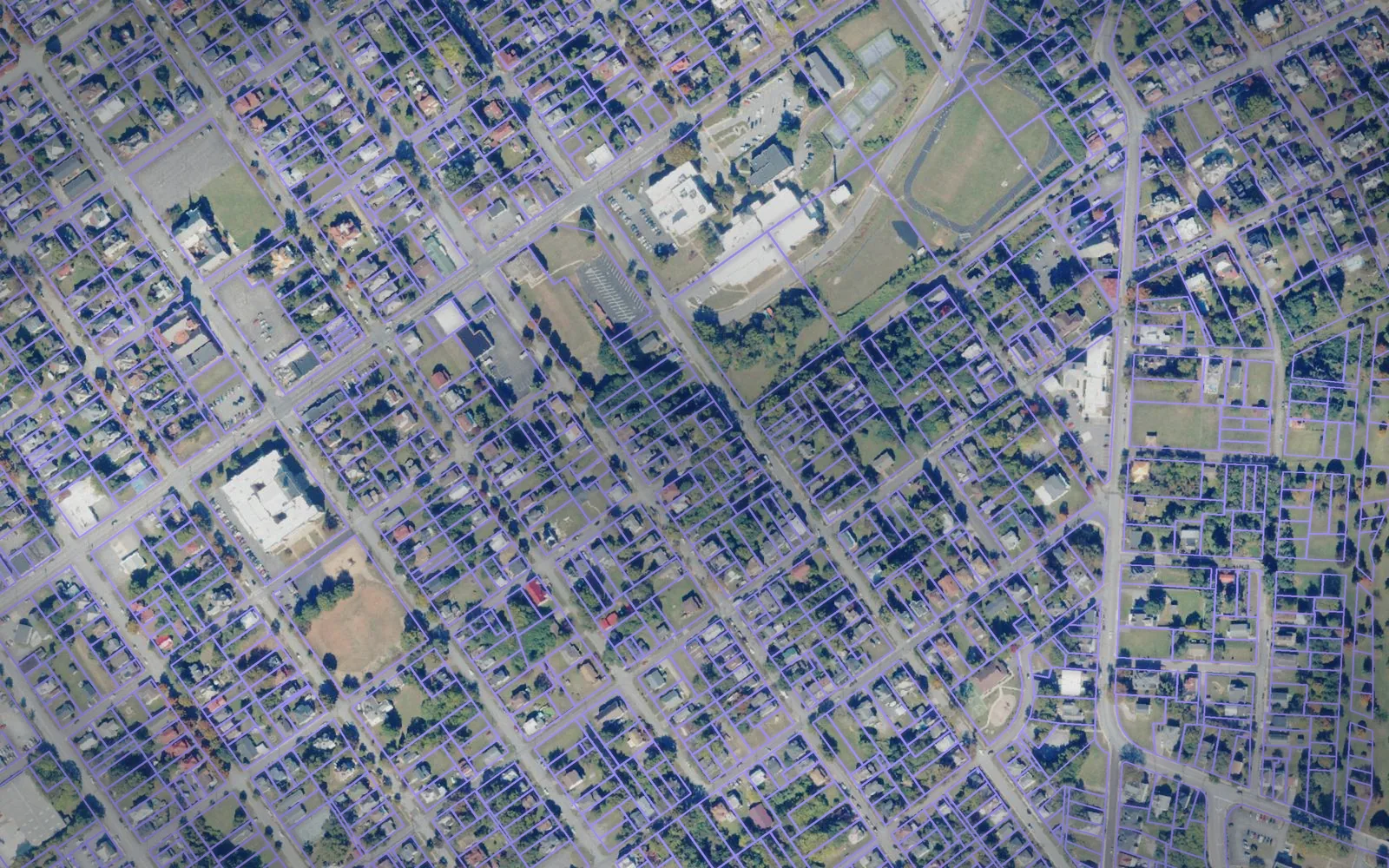 Parcel boundaries over aerial imagery of Lynchburg city, Virginia