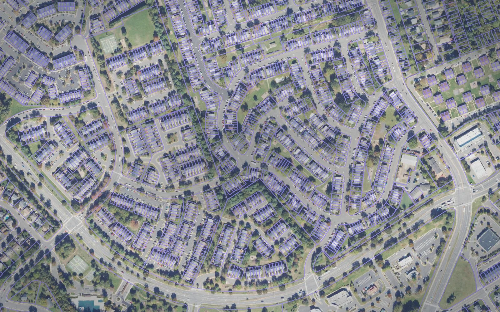 Parcel boundaries over aerial imagery of Manassas city, Virginia