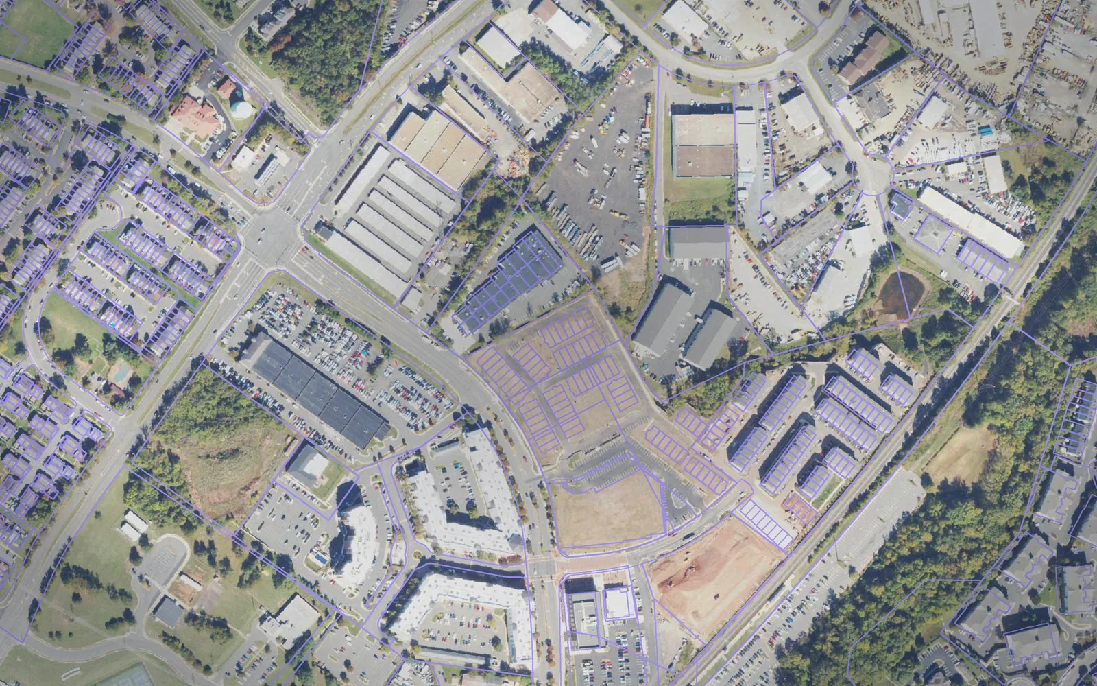 Parcel boundaries over aerial imagery of Manassas Park city, Virginia