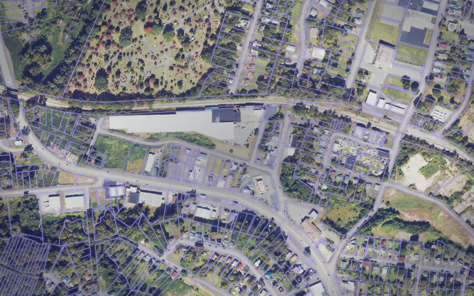 Parcel boundaries over aerial imagery of Martinsville city, Virginia