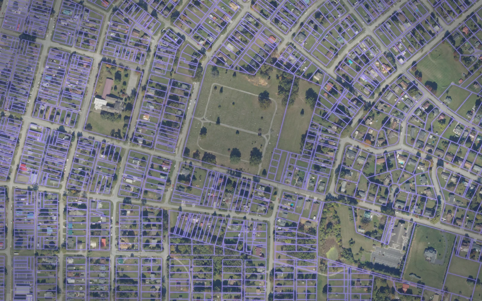 Parcel boundaries over aerial imagery of Radford city, Virginia