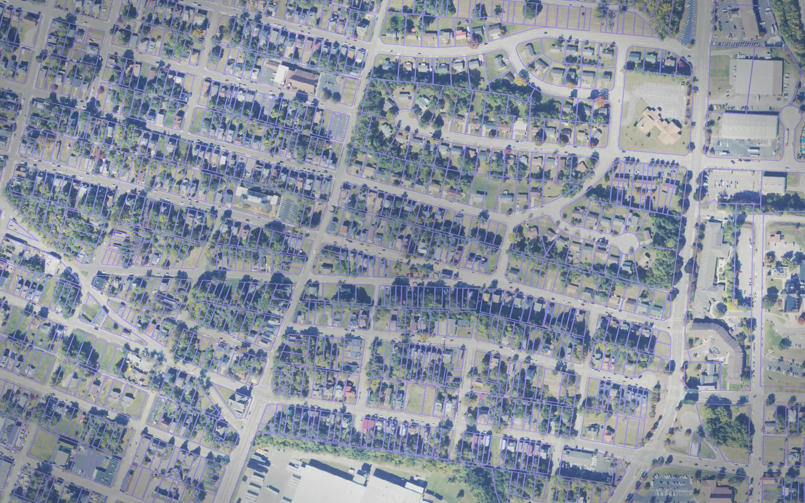 Parcel boundaries over aerial imagery of Roanoke city, Virginia