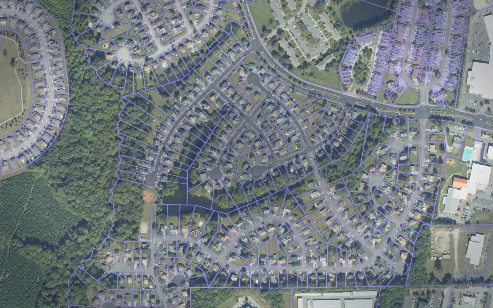 Parcel boundaries over aerial imagery of Suffolk city, Virginia
