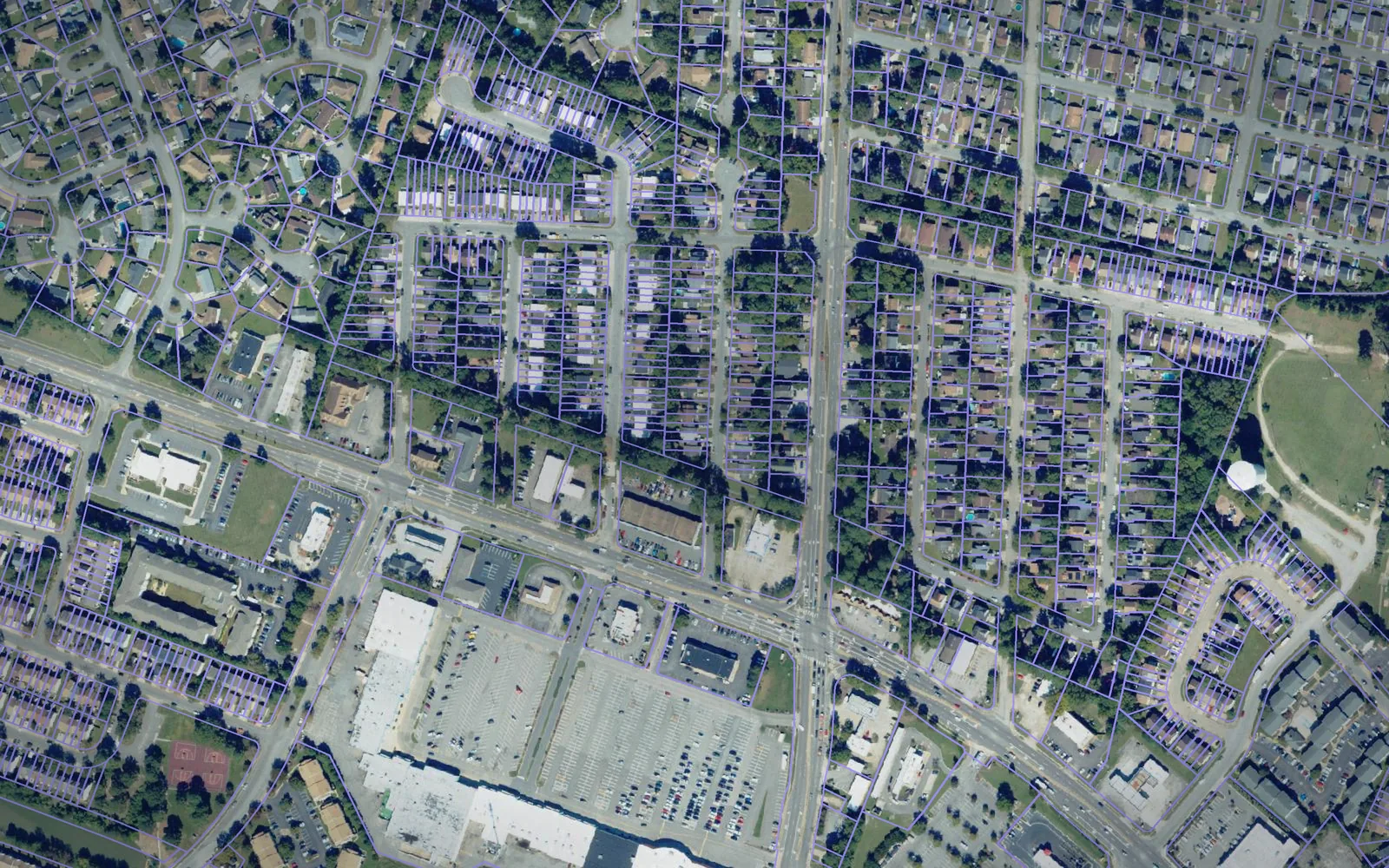 Parcel boundaries over aerial imagery of Virginia Beach city, Virginia