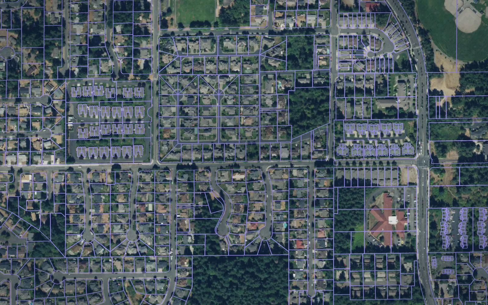 Parcel boundaries over aerial imagery of Pierce County, Washington