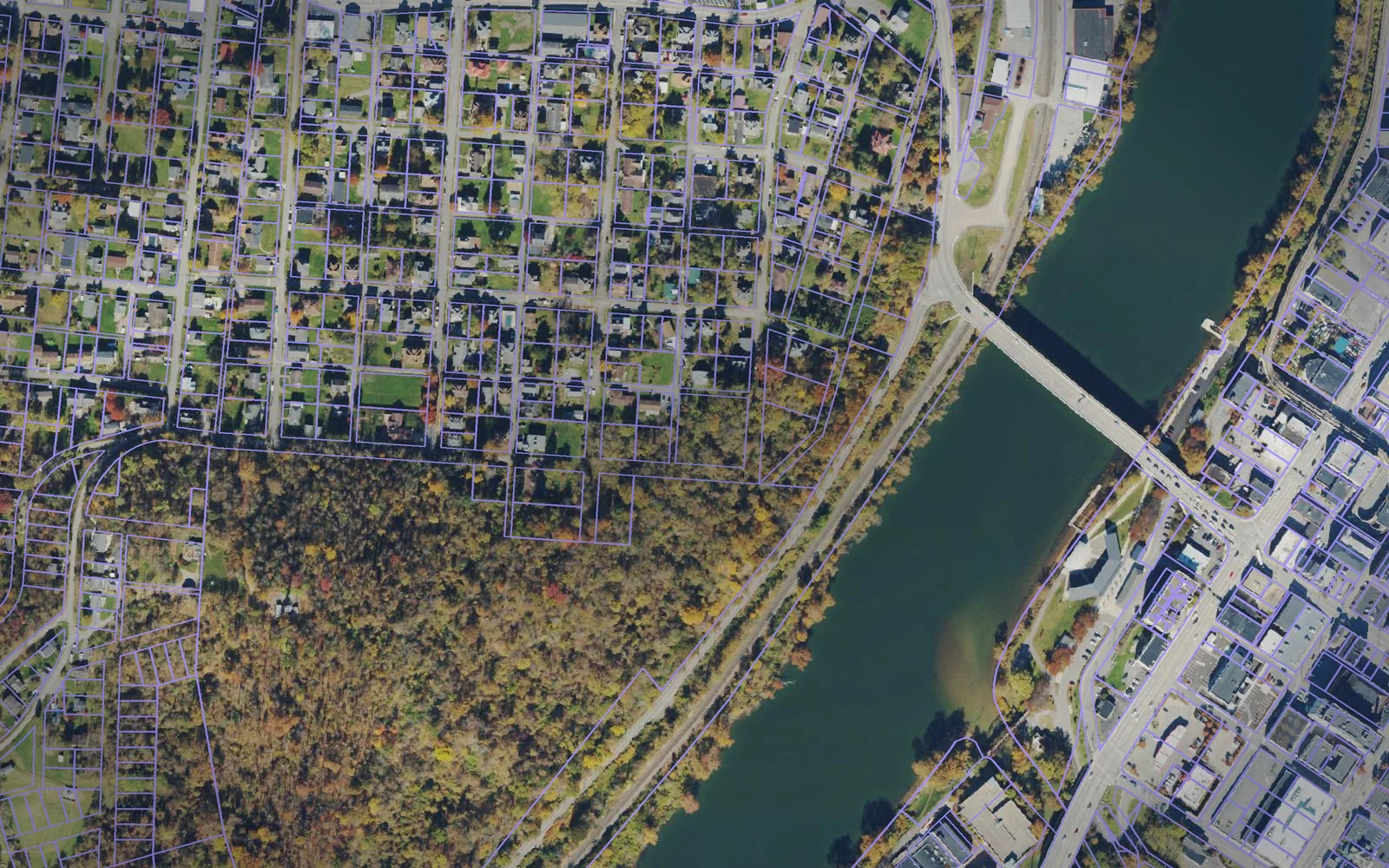 Parcel boundaries over aerial imagery of Monongalia County, West Virginia