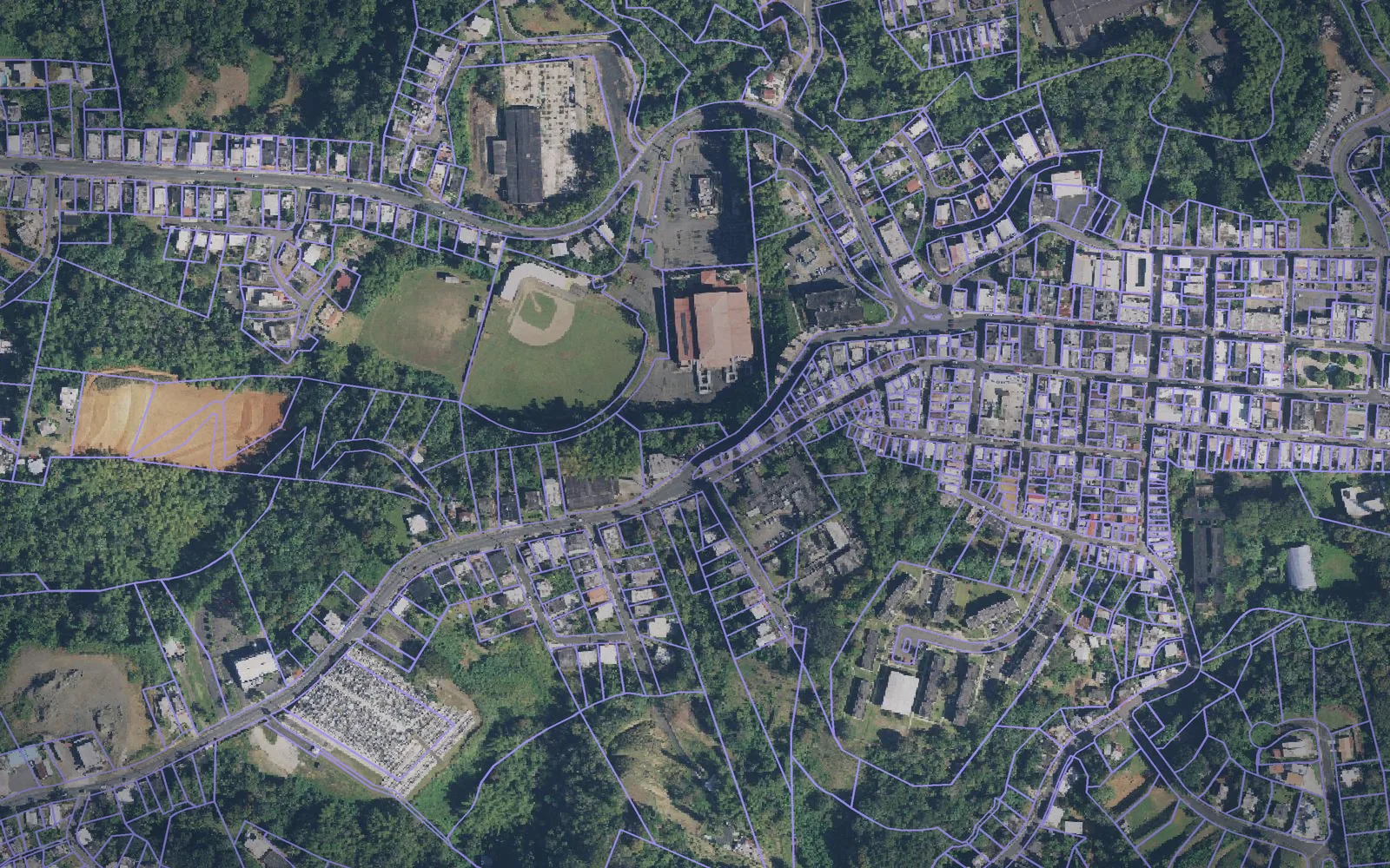 Parcel boundaries over aerial imagery of Aguas Buenas Municipio, Puerto Rico