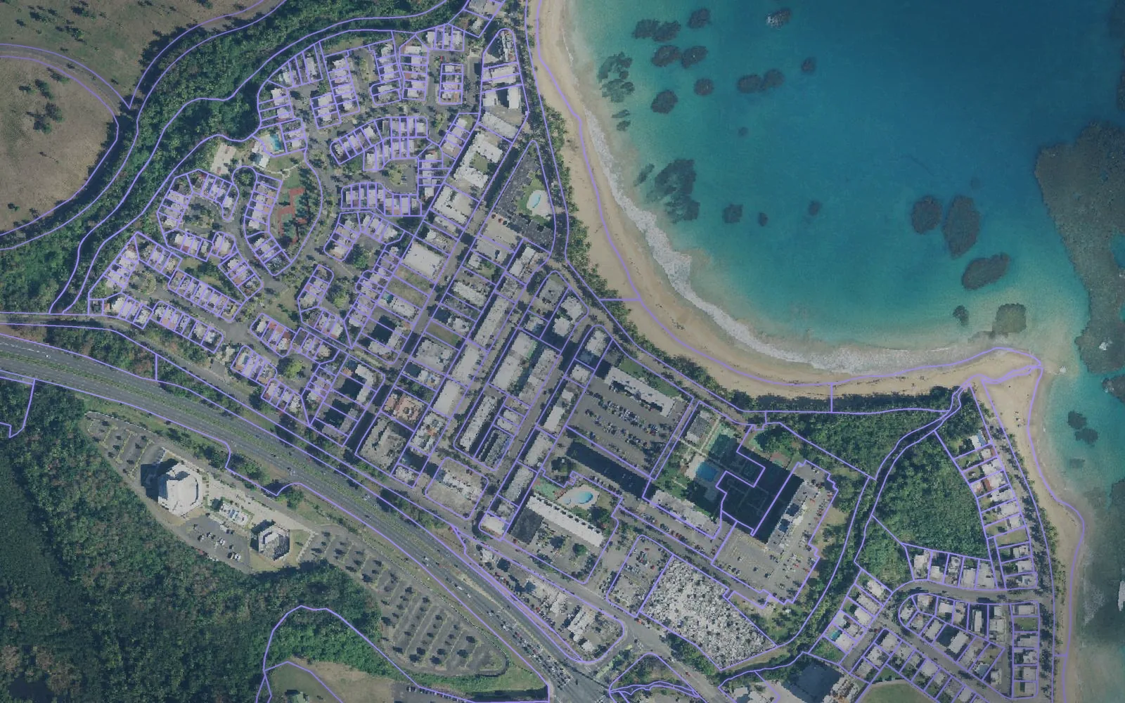 Parcel boundaries over aerial imagery of Luquillo Municipio, Puerto Rico
