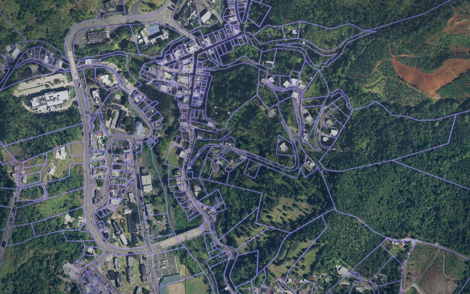 Parcel boundaries over aerial imagery of Orocovis Municipio, Puerto Rico