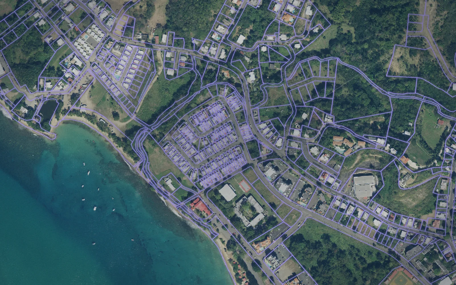 Parcel boundaries over aerial imagery of Rincón Municipio, Puerto Rico