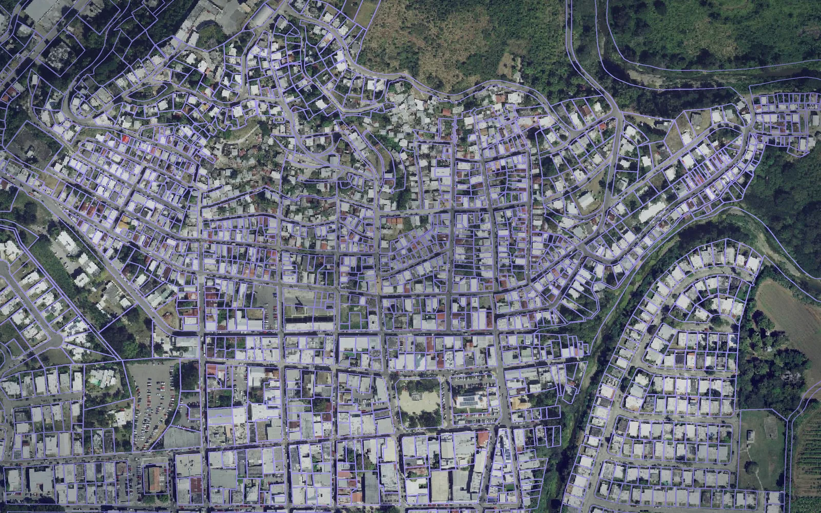 Parcel boundaries over aerial imagery of Yauco Municipio, Puerto Rico